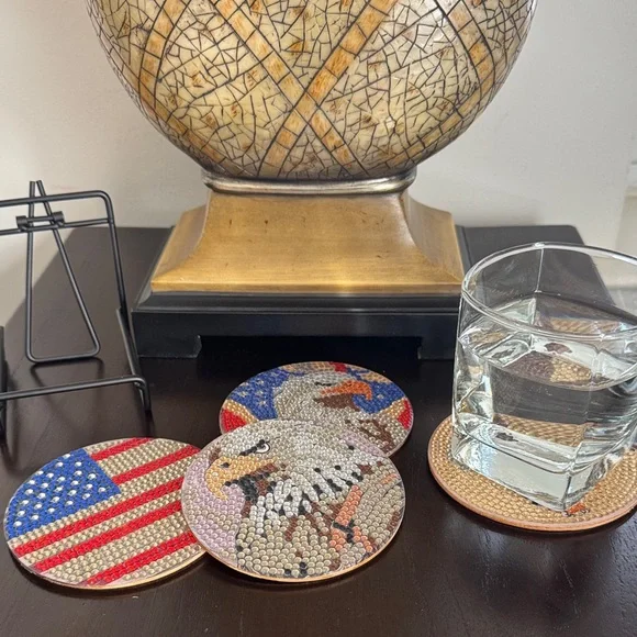 🇺🇸 Diamond Art Patriotic Eagle Coasters – Set of 4 (Wood Base) - Picture 3 of 6